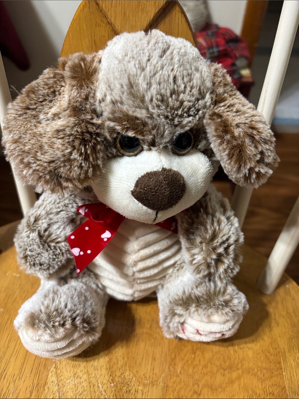 Kellytoy Plush Dog Toy in Brown, Cream with Red Ribbon